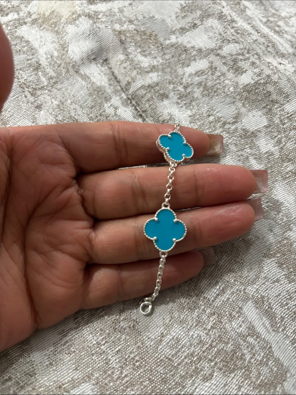 Silver 925 Turquoise Four-Leaf Clover Chain Bracelet - Unbranded